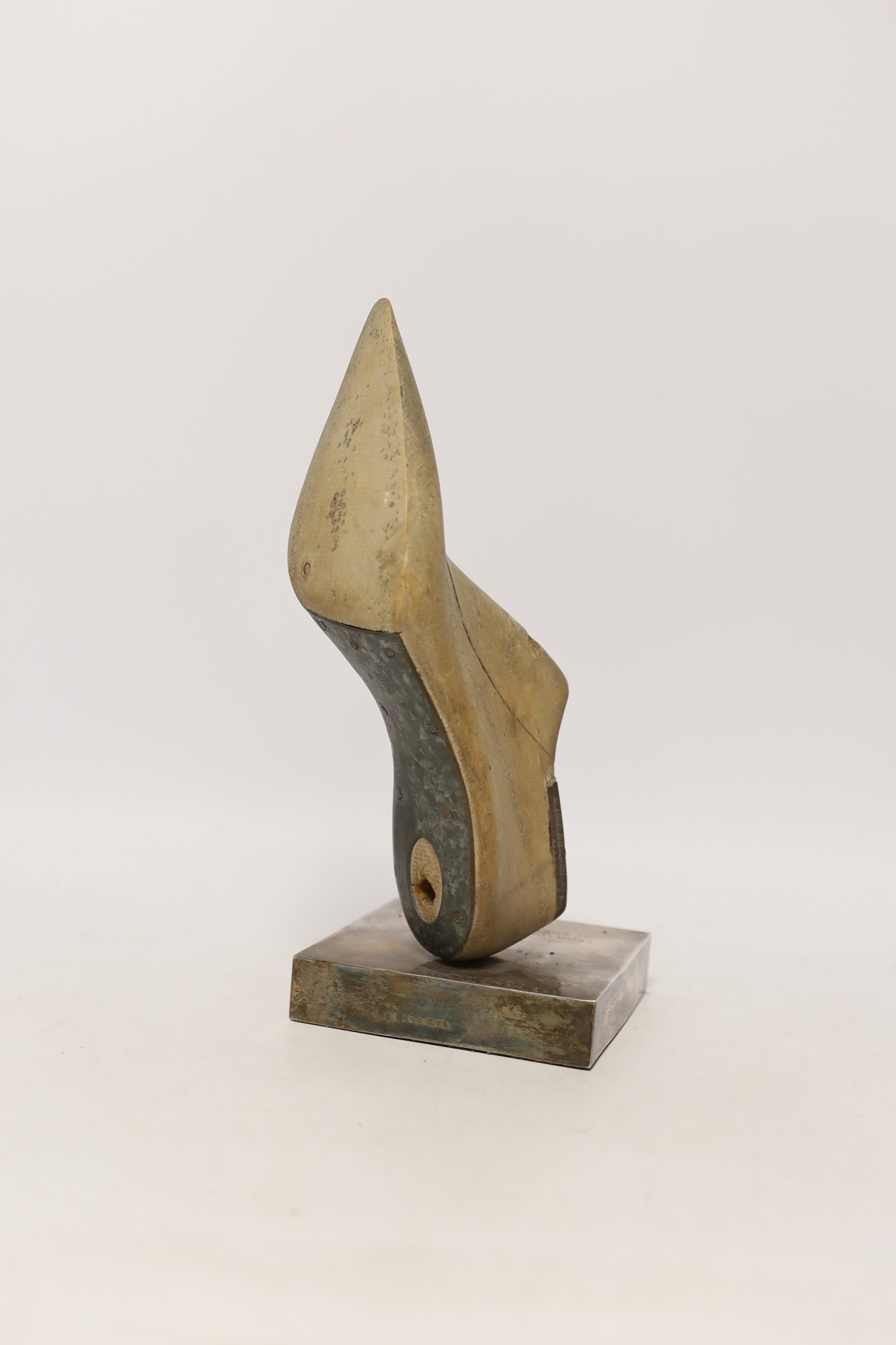 A silver mounted presentation shoe last 'Thank you Bill Giles from your many friends at Russell and Bromley 1987', 27cm